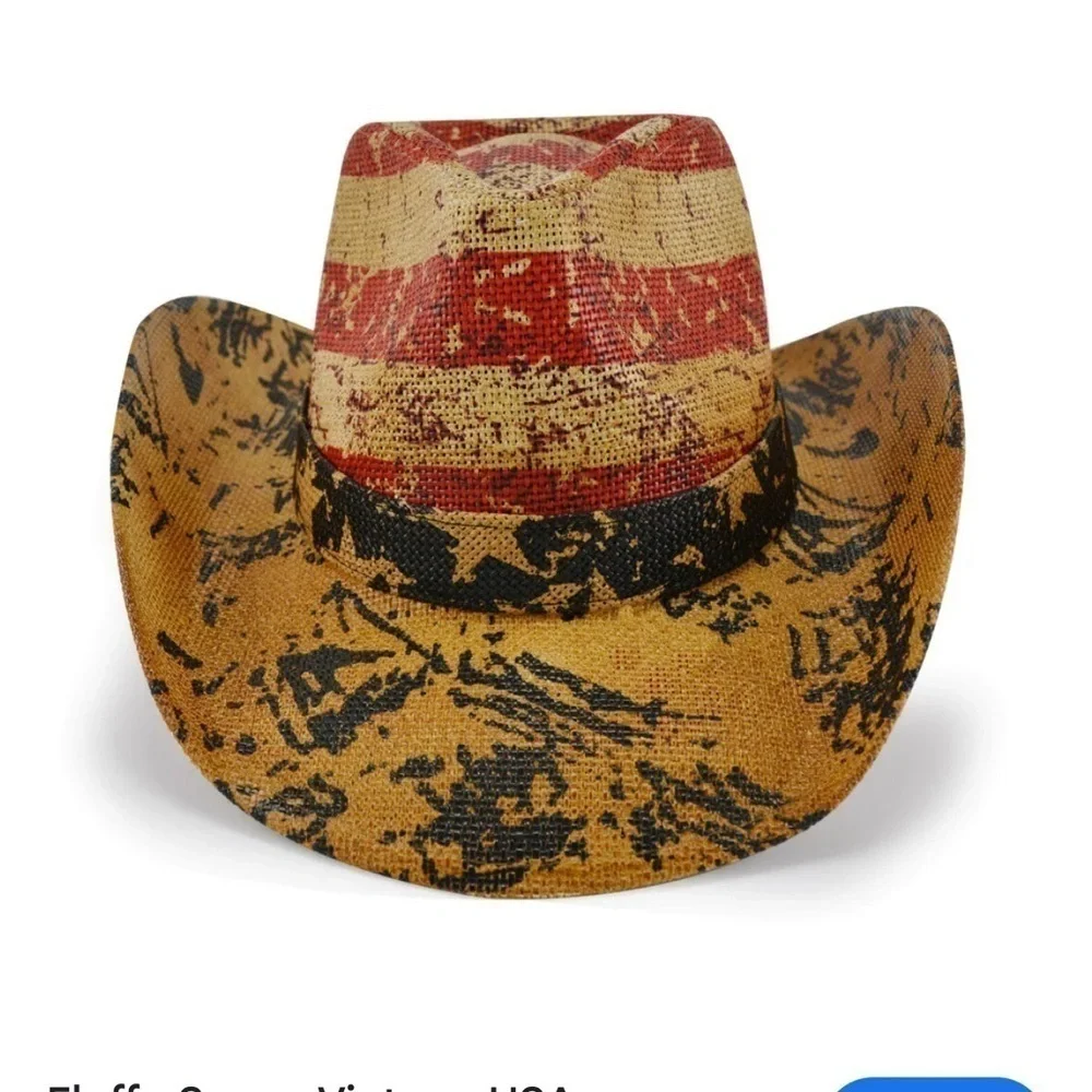Vintage Tea Stain USA 4th Of July American Flag Shape It Brim Cowboy Western Hat